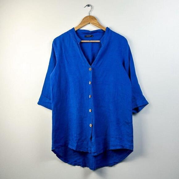 Tops - Linen tunic style button down top | Lungo L’Arno - made in Italy || M | Blue